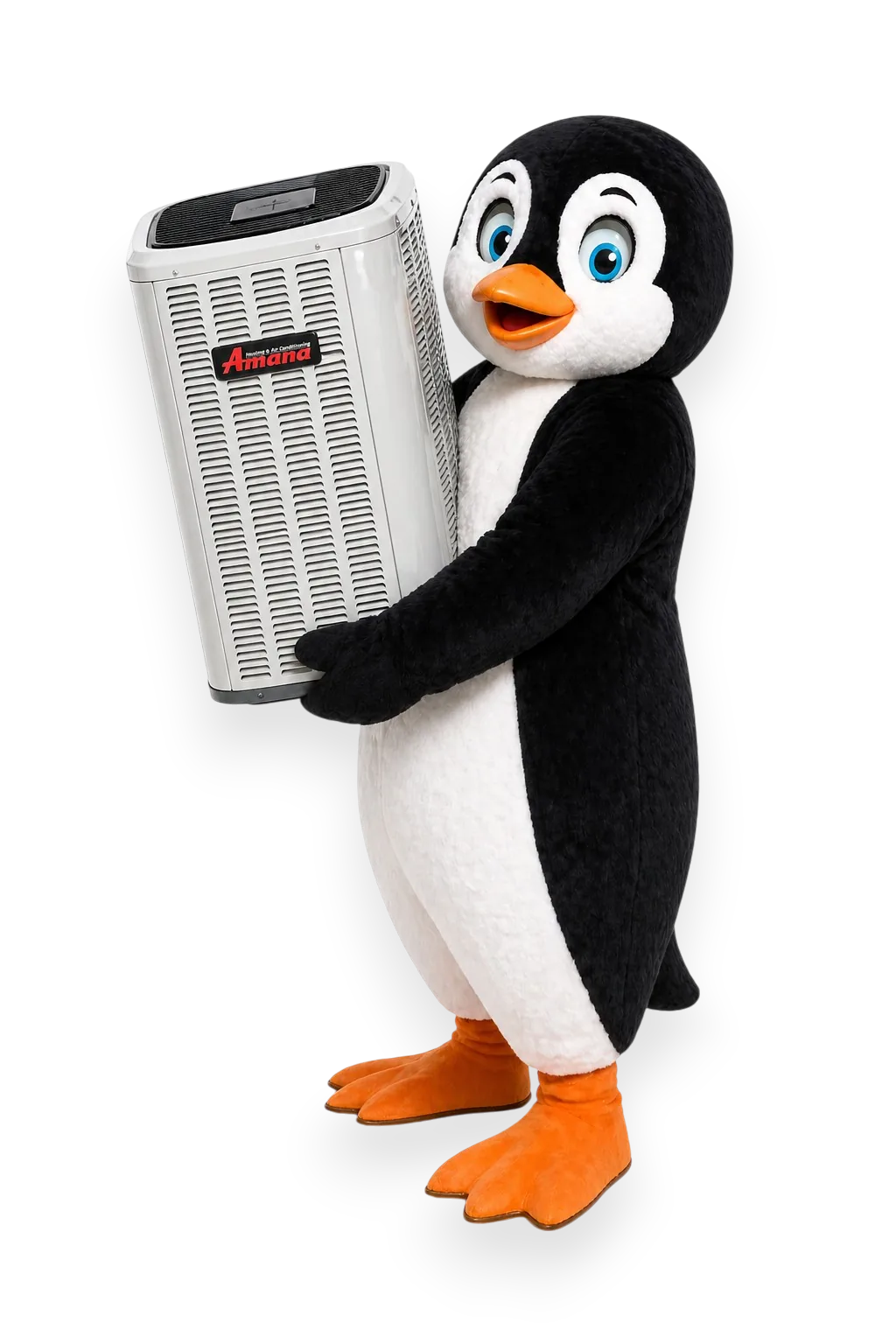 Sunny the Penguin holding an American-made Amana condenser unit