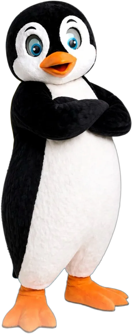 Sunny the Penguin mascot, arms crossed